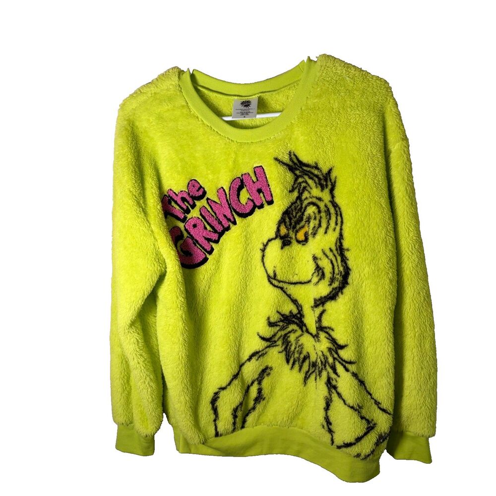 The Grinch Sweatshirt Women's Medium Green Fuzzy Plush Fleece Pajama Top